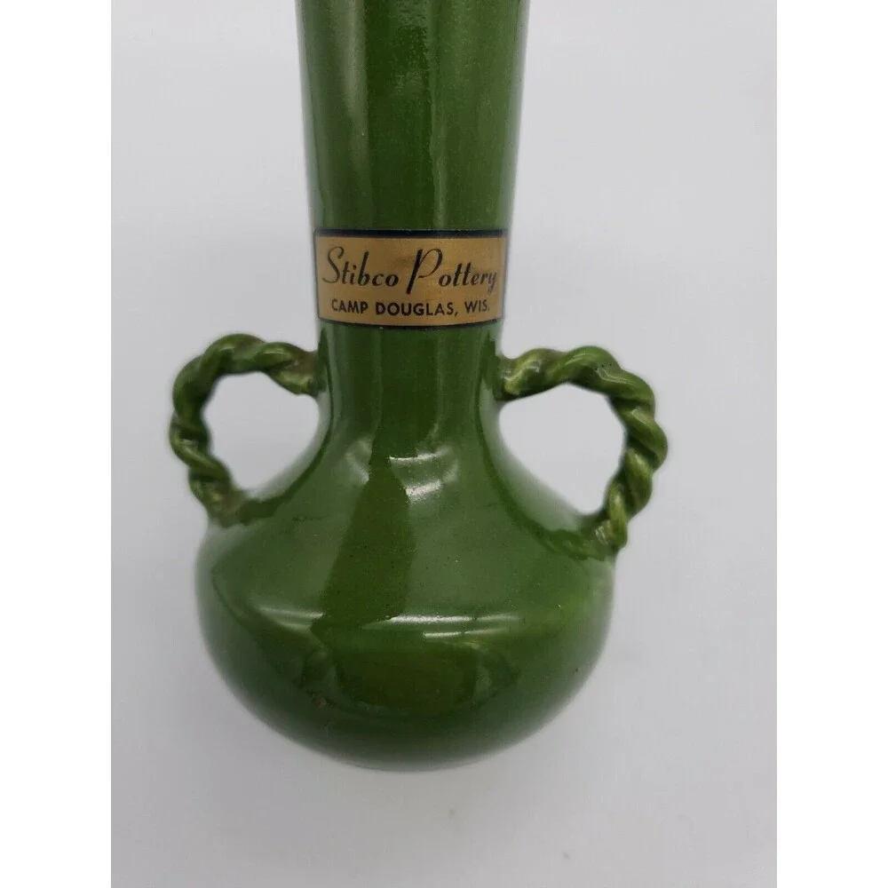Stibco Pottery Two Twisted  Handled Bud Vase Camp Douglas Wisconsin MCM RARE